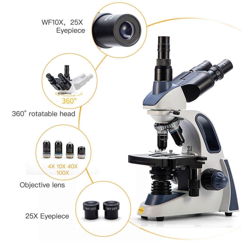 Triocular Microscope Swift SW380T 40X-2500X Research-Grade Trinocular Compound Lab Microsco ...