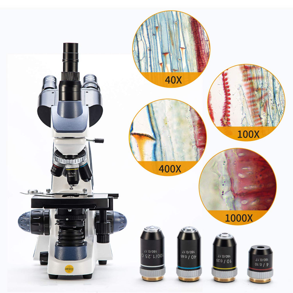 Swift SW380T 40X-2500X Research-Grade Trinocular Compound Lab Microscope  with 1.3mp Camera and Software Windows and Mac Compatible and Slides