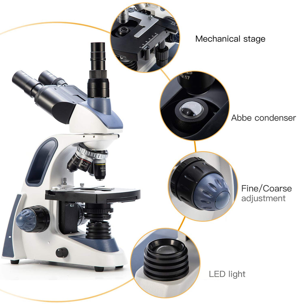 Swift SW380T 40X-2500X Research-Grade Trinocular Compound Lab Microscope  with 1.3mp Camera and Software Windows and Mac Compatible and Slides